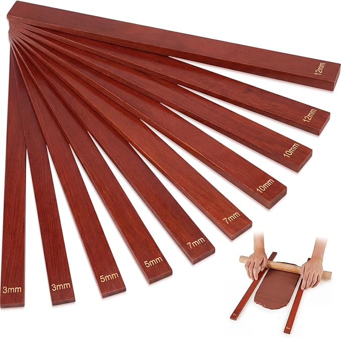Sasylvia 10 Pcs Pottery Rolling Pin Guides Wood Teaching Rolling Mud Stick Guide Set Polymer Clay Depth Guide Pottery Tools Clay Mudboard Tools (5 Size,Reddish Brown) by Sasylvia