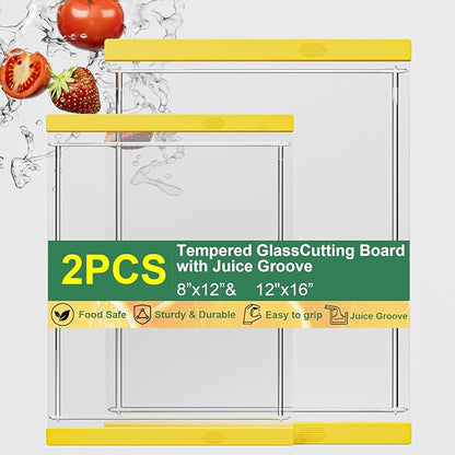 Tempered Glass Cutting Board Set for Kitchen Counter - Dishwasher Safe with Juice Grooves, Non-Slip Silicone Edges & Beveled Grip - 16"x12" & 12"x8" Serving Tray (Yellow)