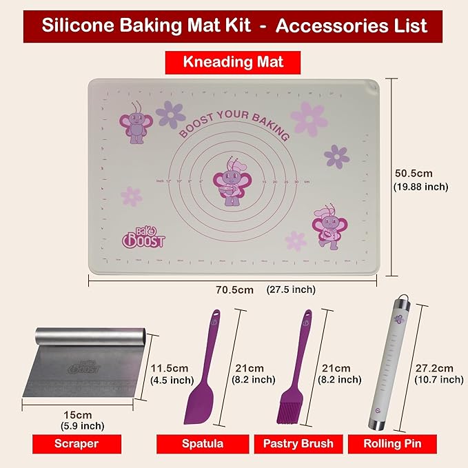 Silicone Baking Mat Gift Set – XL Non-Stick Pastry Mat with Rolling Pin, Dough Scraper, Spatula & Brush | Perfect Christmas Baking Kit for Cookies, Pies & Holiday Treats | Gift-Ready Box