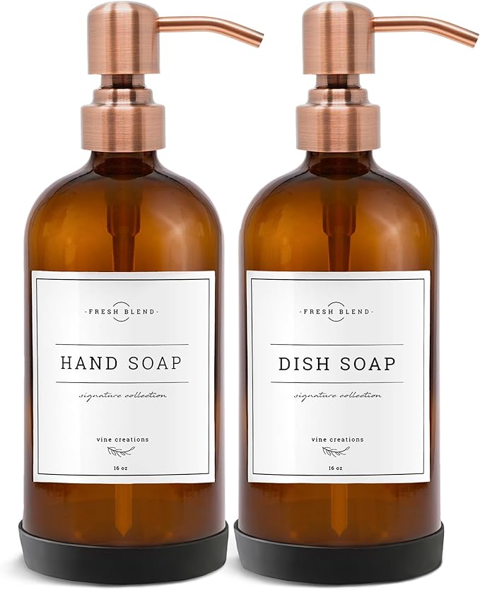 Vine Creations Amber Glass Soap Dispenser, 2 Pack Kitchen Soap Dispenser Set with Stainless Steel Pump, 16 oz Dish Soap and Hand Soap Dispensers for Bathroom with Waterproof Labels by VineCreations
