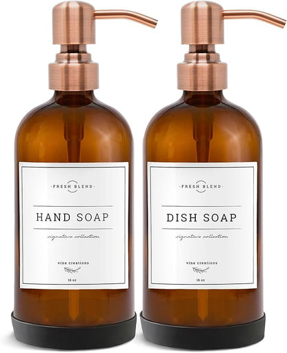 Vine Creations Amber Glass Soap Dispenser, 2 Pack Kitchen Soap Dispenser Set with Stainless Steel Pump, 16 oz Dish Soap and Hand Soap Dispensers for Bathroom with Waterproof Labels by VineCreations