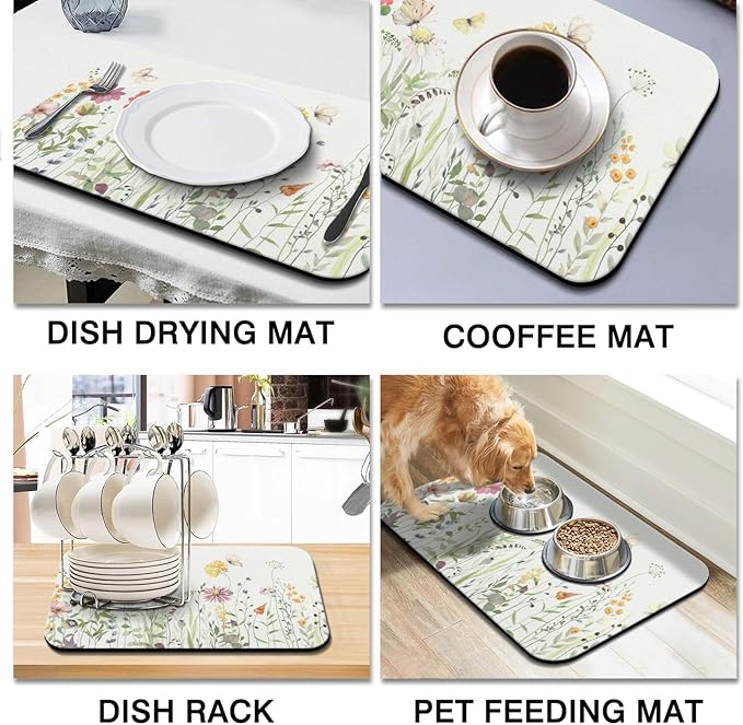 Dish Drying Mat for Kitchen Counter 2 Pack with Non-Slip Rubber Backing - Heat-Resistant Absorbent Coffee Bar Mat, Dish Rack Mat, Butterflies and Flowers Dish Drying Mats 18x24+19.5x12 inch