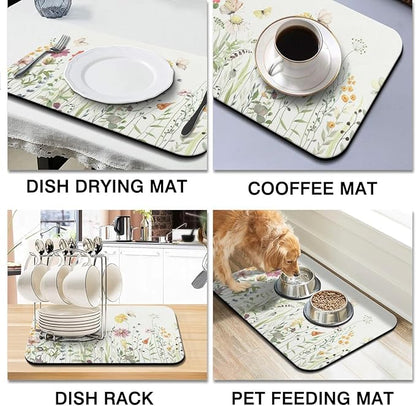 Dish Drying Mat for Kitchen Counter 2 Pack with Non-Slip Rubber Backing - Heat-Resistant Absorbent Coffee Bar Mat, Dish Rack Mat, Butterflies and Flowers Dish Drying Mats 18x24+19.5x12 inch