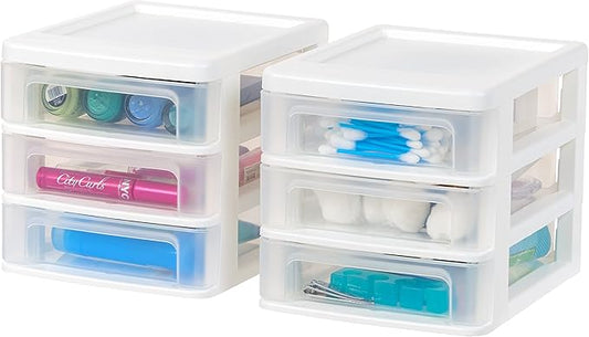 IRIS USA Plastic Stacking Desk Top 3-Drawer Storage Organizer, 2-Pack, for Makeup Vanity Nail Polish Bathroom Stationery Art Craft Supplies Kitchen Office Garage and Small Organization, Small, White
