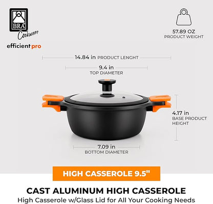 BRA COOKWARE Efficient Pro Nonstick Stock Pot w/Lid | 9.5 Inch 4.2 Quart Cooking Pot | 3-Layer Scratch Resistant Coating | PFOA Free Deep Pot | All Cooktops | Oven Safe up to 425°F (w/o Lid-Handles)