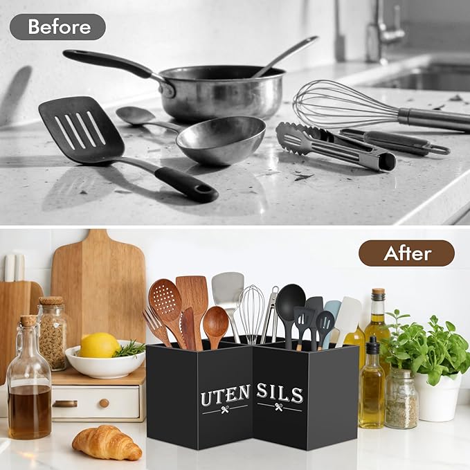 Large kitchen Utensil Holder, Wooden Utensil Organizer for Kitchen Countertop, Spatula and Spoon Cooking Holder with 3 Compartments, Black - Image 7