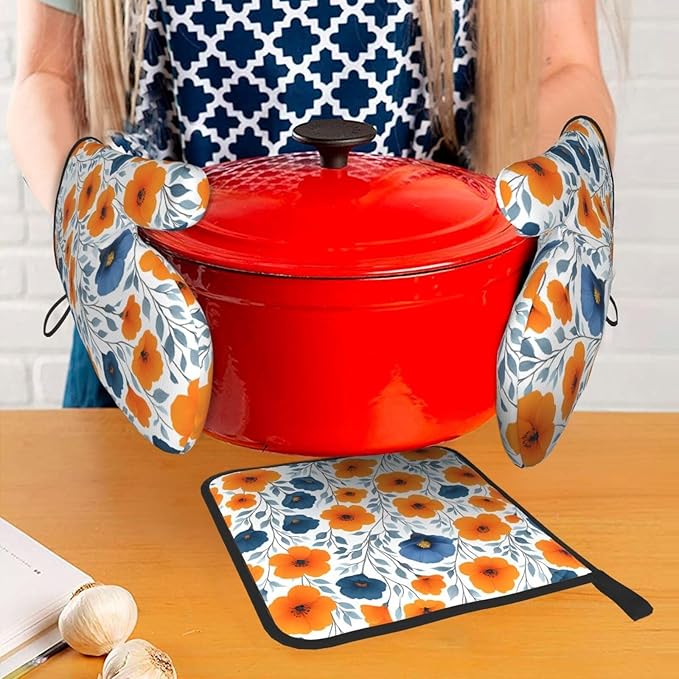 Spring Orange Blue Floral Oven Mitts and Pot Holders Sets of 3, Heat Resistant Non-Slip Burnt Orange Navy Flowers Kitchen Gloves Hot Pads for Cooking BBQ Grilling, Chef Baking Gifts for Women Baker - Image 3