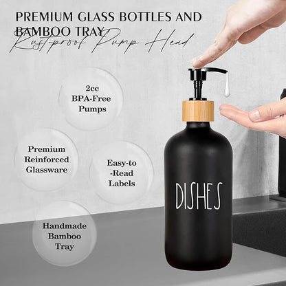 Arktek Glass Soap Dispenser Set with Tray, 2 Pack Hand and Dish Soap Dispenser Set for Bathroom and Kitchen Bottle Dispenser with Dish Soap, Hand Soap, Lotion 17 Oz (Black & White) - Image 4