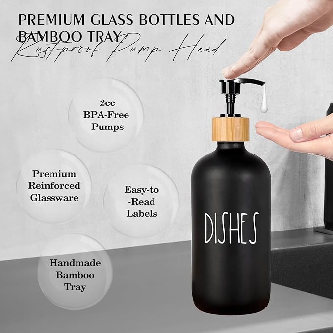 Arktek Glass Soap Dispenser Set with Tray, 2 Pack Hand and Dish Soap Dispenser Set for Bathroom and Kitchen Bottle Dispenser with Dish Soap, Hand Soap, Lotion 17 Oz (2 Black) - Image 4