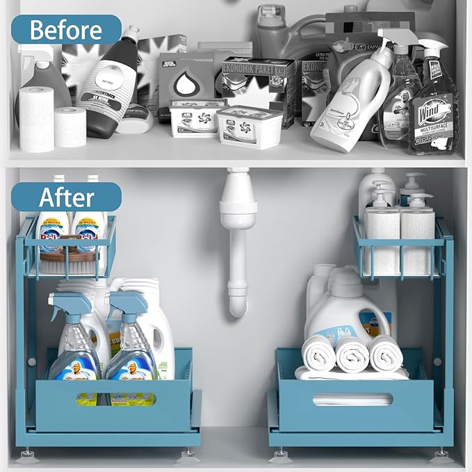 Saydear Under Sink Organizer Storage 2-Tier Premium Metal Pull-Out Kitchen Cabinet Organizer with Sliding Drawer, Height Adjustable, Heavy Duty for Kitchen & Bathroom Organizers 1 Pack Teal - Image 2