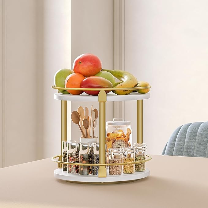 YATINEY Lazy Susan Organizer, Rotating Spice Rack, 2 Tier Spice Turntable Organizer, Industrial Turntable Spice Holder, for Kitchen Countertop and Cabinet, Compact and Versatile, White and Gold SR22DW - Image 3