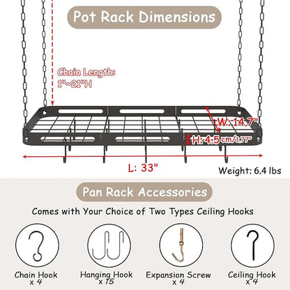 33” Pots and Pans Hanging Rack, Black Hanging Pot Rack Ceiling Mount with 15 Hooks, Heavy-duty Metal Square Kitchen Ceiling Pot Rack, Pot and Pan Hanger for Kitchen Cookware Utensils