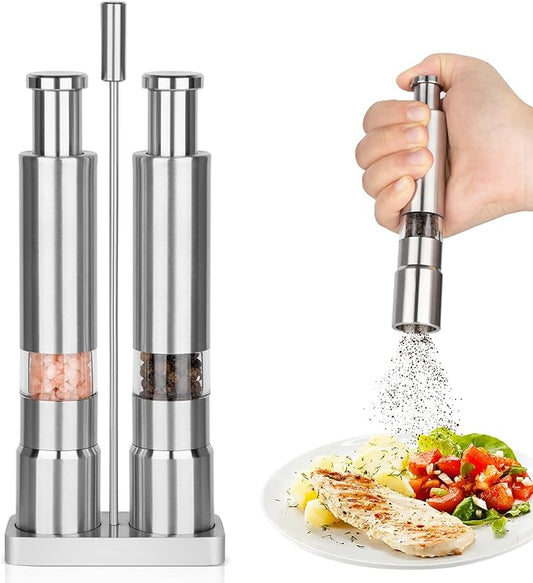 Salt and Pepper Grinder Set,Small Stainless Steel Manual Salt Grinder,Thumb Refillable Mini Salt Grinders Shakers With Base For Kitchen, Home, Travel, Camping, Cooking(Silvery)
