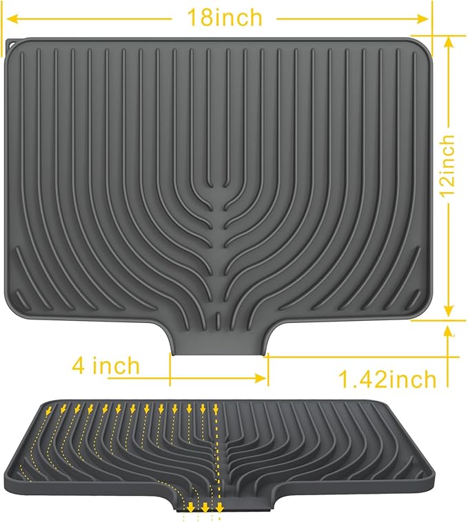 Silicone Dish Drying Mat for Kitchen Counter , 18x12 Inch Dish Drying Rack Mat with Built in Drain, Drying Mats for Dishes Dry Pad for Kitchen Counter,Not applicable Bumps up sink (18×12inch, gray)
