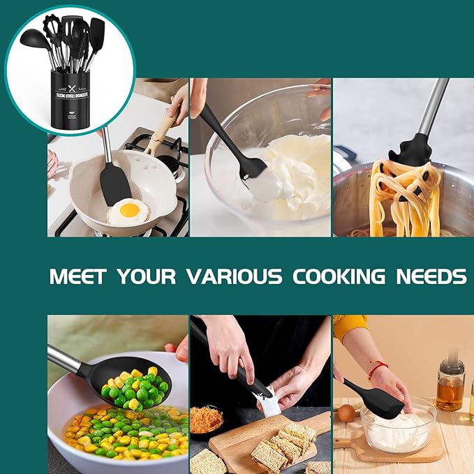 Silicone Cooking Utensil Set, Umite Chef 15pcs Silicone Cooking Kitchen Utensils Set, Non-stick - Best Kitchen Cookware with Stainless Steel Handle - Black Kitchen Utensils - Image 6