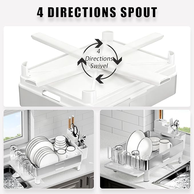 Ewaiira Dish Drying Rack, 304 Stainless Steel Dish Racks for Kitchen Counter, Dish Drainers with Automatic Drainage, Utensil Holder & Cups Holder, Space Saving Kitchen Organizer, White - Image 4