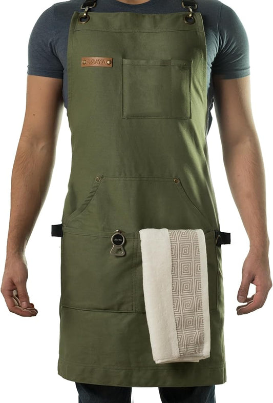 Asaya Chef and BBQ Apron with Bottle Opener and Hand Towel - 10oz Cotton Canvas, Stainless Steel Hardware - Cross Back Straps by AsayaChefProducts
