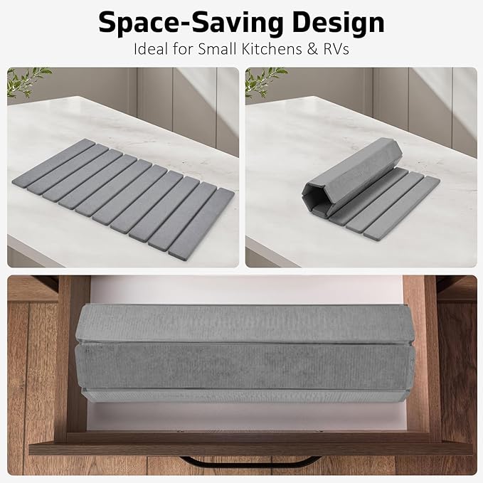 Large Stone Dish Drying Mats for Kitchen Counter, 24"(L)×16"(W) Collapsible Quick Dry Dish Drying Mat, Eco-Friendly Absorbent Diatomaceous Earth Mat for Dishes Bottles Cups, Match Any Countertop - Image 3