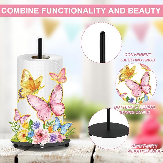 Whaline Spring Summer Paper Towel Holder Colorful Butterfly Floral Large Metal Towel Holder Countertop Roll Stand Organizer for Home Party Kitchen Bathroom Decor Accessories