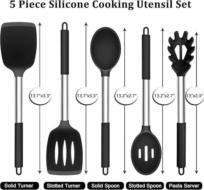 TeamFar Cooking Utensils Set, 5 PCS Silicone Kitchen Utensils with Stainless Steel Handle, for Nonstick Cookware Flipping Frying Turning Draining, Heatproof & Healthy, Nonstick & Easy Clean, Black - Image 2