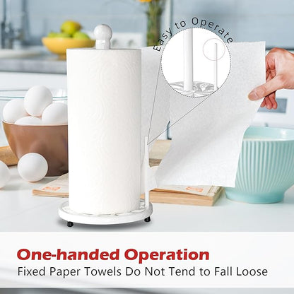 White Cast Iron Paper Towel Holder for Kitchen Countertop - Vintage Floral Standing Dispenser with Heavy Weighted Base, Farmhouse Decor, Fits Jumbo Rolls, One-Handed Tear
