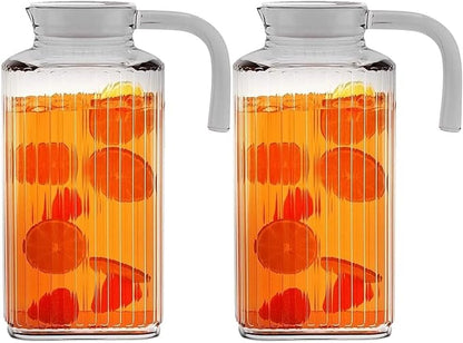 Fridge Pitcher Set of 2– 60 OZ. Glass Water Pitcher with Lid By Home Essentials & Beyond Practical and Easy to use. Great for Lemonade, Iced Tea, Milk, Cocktails and more Beverages.