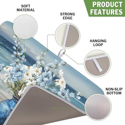 Summer Beach Dish Drying Mat for Kitchen Counter Nautical Coastal Blue Ocean Vase Floral Seashells Microfiber Dish Drainer Mat Absorbent Washable Drying Pad 16"x18"