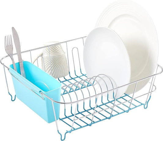 Dish Drying Rack & Cutlery Holder 2 Piece Set - Compact Sink-Fitting Dish Drainer with Rubberized Undercoating, Space-Saving Kitchen Organizer for Plates, Cups, Bowls & Utensils in Sink, Turquoise by SweetHomeCollection