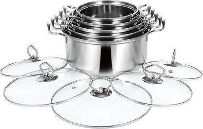 Kichvoe 5 Sets Stainless Steel Stock Pots Set with Glass Lids - Induction Cookware for Kitchen Use - Double Handle Soup Pots