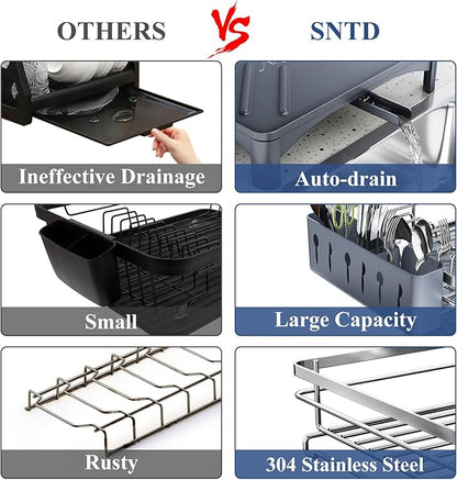 SNTD Dish Drying Rack for Kitchen Counter - Stainless Steel Dish Rack with Drainboard, Large Dish Drainer with Utensil Holder for Sink, Silver - Image 3