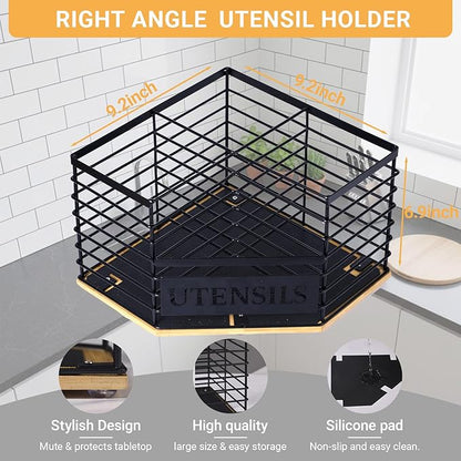 Large Kitchen Utensil Holder with 4 Compartments,Corner Utensil Caddy for Countertop With Waterproof and non-slip silicone mat.