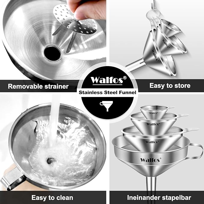 Stainless Steel Funnel, Walfos 4 Pack(4in、3 in、2.2 in、1.7in Kitchen Funnel with 2 Removable Strainer ＆ 1Pcs Cleaning Brush, Perfect for Transferring of Liquid, Oils, Jam, Dry Ingredients & Powder - Image 7