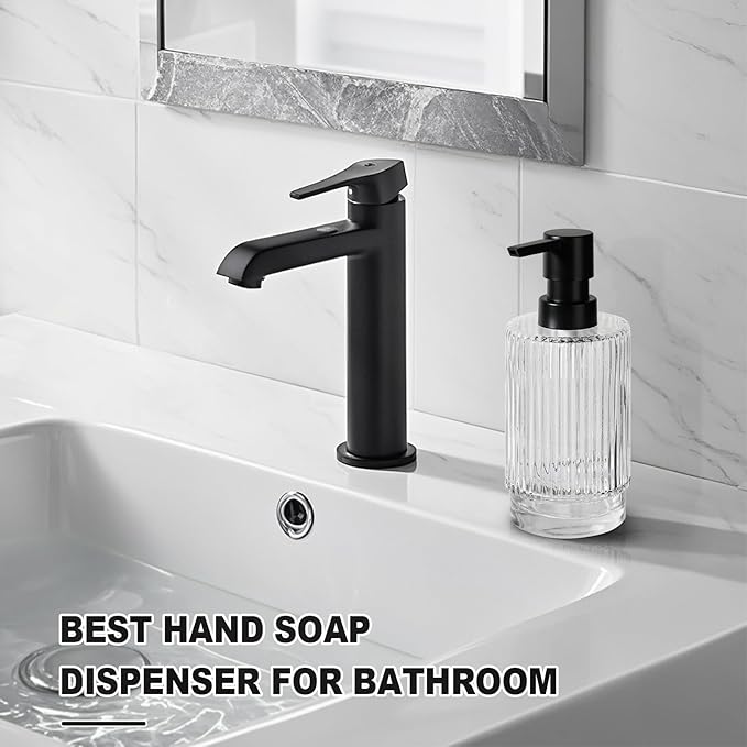 VIMERPA Glass Soap Dispenser with Pump, 11 fl oz Clear Hand Soap Dispensers for Bathroom, Ribbed Style Dish Soap Dispenser for Kitchen, Modern Refillable Liquid Soap Pump Bottle