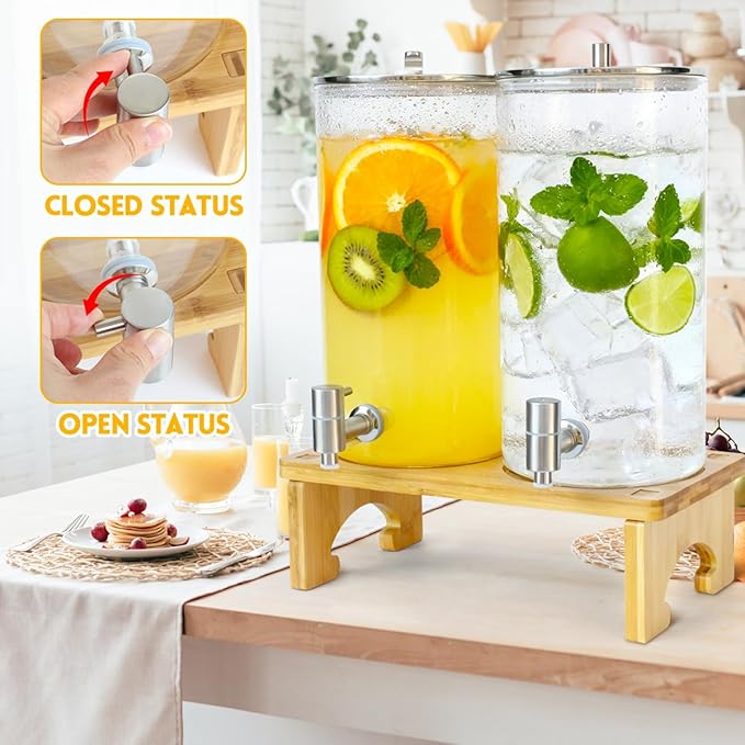 2 Pack 1.5 Gallon Drink dispenser with Stand，Glass Beverage Dispenser With Wood Stand, 18/8 Stainless Steel Spigot and Labels Large Water Drink Dispensers for Parties, Lemonade,Juice, Tea - Image 5