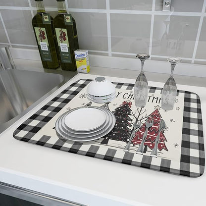 Merry Christmas Tree Dish Drying Mat for Kitchen Counter 18x24 Inch Black Red Grey Xmas Plaid Print Absorbent Reversible Microfiber Drying Mats Kitchen Countertop Protector Dishes Drainer Rack Pad - Image 6