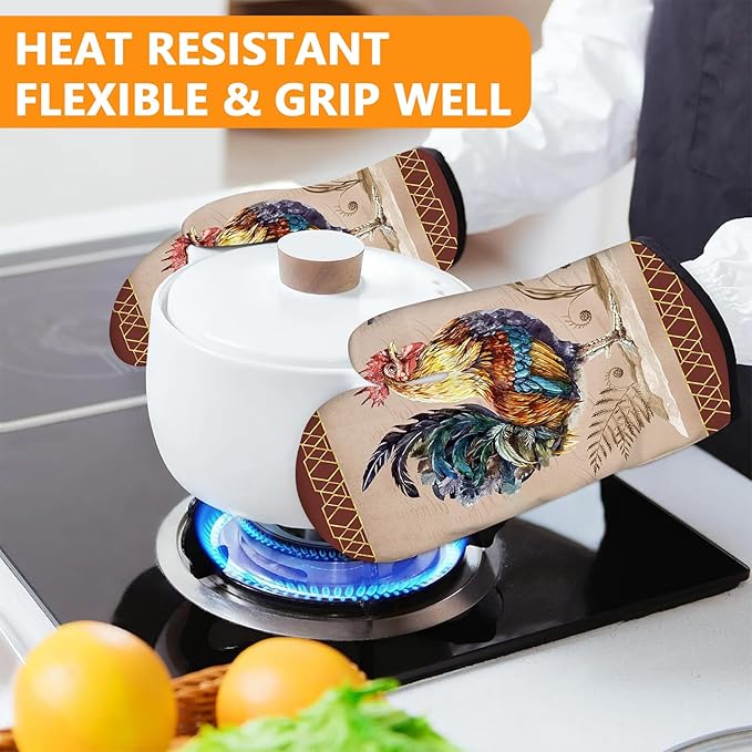 Rooster Oven Mitts and Pot Holders Sets 4Pcs,Extra Long Oven Gloves Potholder for Kitchen Cooking Baking BBQ 100% Cotton Heat Resistant - Image 6