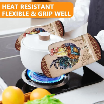 Rooster Oven Mitts and Pot Holders Sets 4Pcs,Extra Long Oven Gloves Potholder for Kitchen Cooking Baking BBQ 100% Cotton Heat Resistant - Image 6