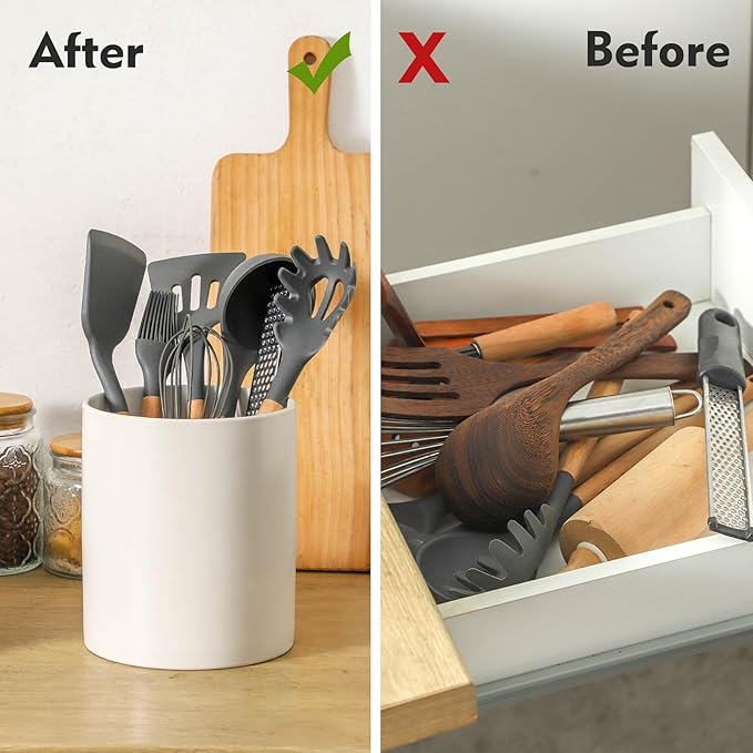 7" White Utensil Holder, Large Kitchen Utensil Holder Organizer , White Stable Utensil Crock Spatula Holder for Kitchen Counter Countertop Farmhouse Cooking Tools Holder - Image 6