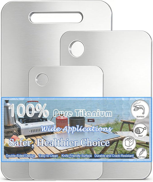 100% Pure Titanium Cutting Board Set of 3, Double-Sided Titanium Cutting Boards for Kitchen Dishwasher Safe, Camping Metal Charcuterie Chopping Board Mat for Meat, Fruit & Cheese (M+L+XL) by Unknown