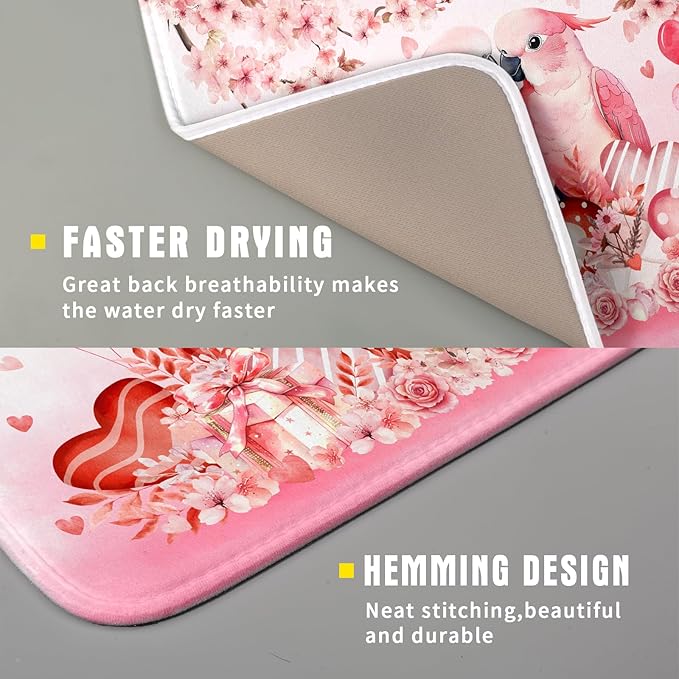 Small Holiday Dish Drying Mat Pink Love Bird Absorbent Coffee Bar Mat for Decoration 16 X 18 In - Image 3