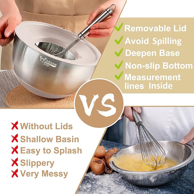 Wildone Mixing Bowls with Airtight Lids, 27 PCS Stainless Steel Nesting Bowls, with 3 Grater Attachments, Scale Mark & Non-Slip Bottom, Size 5, 4, 3, 2, 1.5, 1, 0.63QT, Ideal for Mixing & Prepping - Image 3