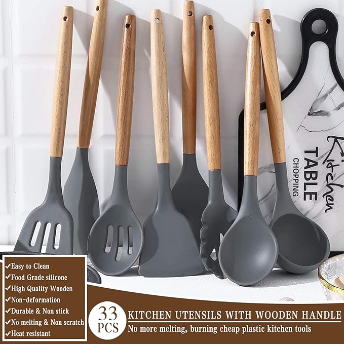 Umite Chef Kitchen Cooking Utensils Set, 33 pcs Non-stick Silicone Spatula Set with Holder, Woodle Handle Heat Resistant Gadgets Utensil (Gray) - Image 6