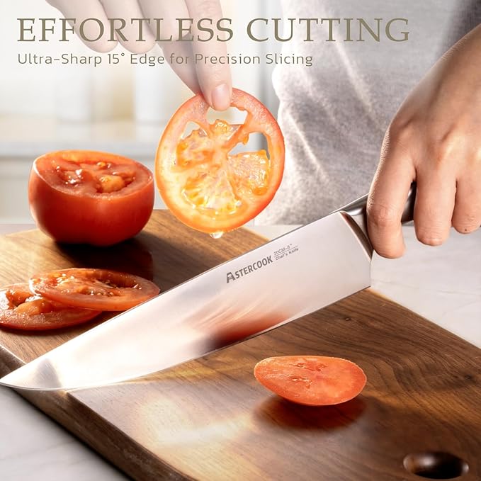 Astercook Knife Set, Kitchen Knives Set with Block and Sharpener Full Tang 15 Pcs Premium Stainless Steel Knives, Dishwasher Safe Knife Set with Anti-slip Ergonomic Handle, Walnut, Mothers Day Gifts - Image 7