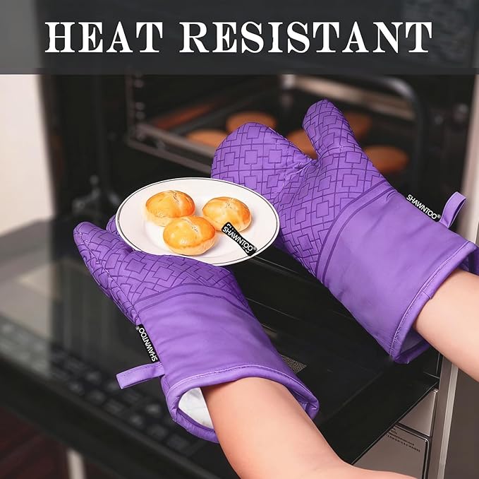 Oven Mitts and Pot Holders Sets 6pcs, Kitchen Oven Glove,High Heat Resistant 550 Degree Extra Long Oven Mitts and Potholders with Non-Slip Silicone Surface for Home Essentials (Grey) (Purple) - Image 4
