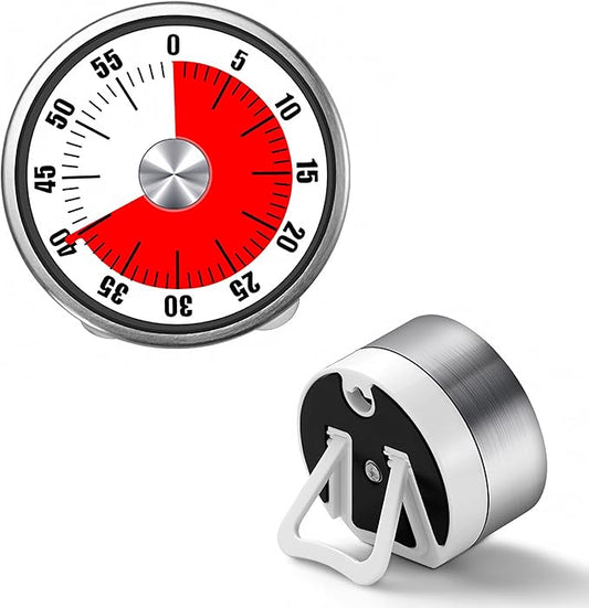 Kitchen Magnetic Visual Cooking Mechanical Timer with Loud Alarm, No Batteries Required, Stainless Steel, Countdown 60 Minute Wind Up Timer for Study, Chef, Teacher, Office (White with Bracket)