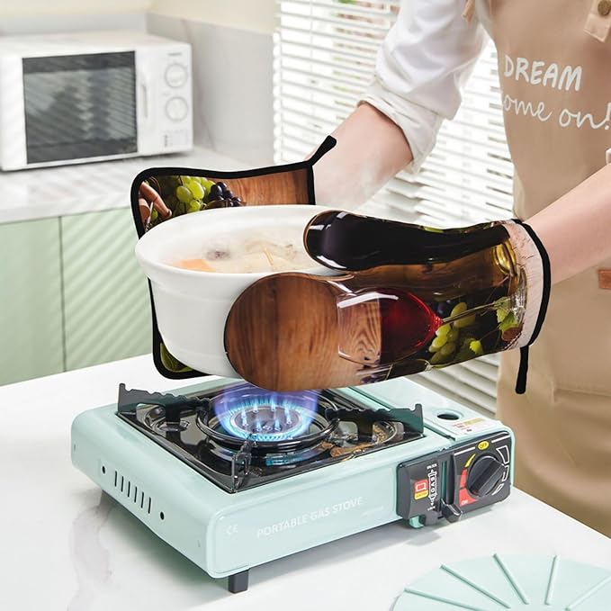 Wine Grapes Wooden Vintage Oven Mitts and Pot Holders Sets of 4, Heat Resistant Silicone Oven Mittens and Potholders Gloves Hot Pads for Kitchen Cooking Baking Grilling BBQ Chef - Image 5