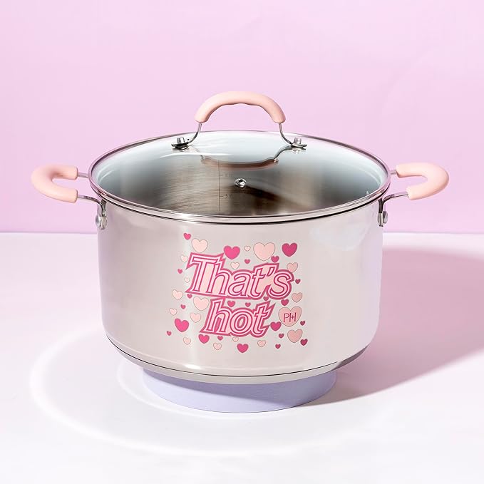 Paris Hilton Stainless Steel Stock Pot with Iconic Color Changing "That's Hot" Heat Indicator Decal, Features Soft Grip Handles and Measure Marks, 8-Quart, Pink