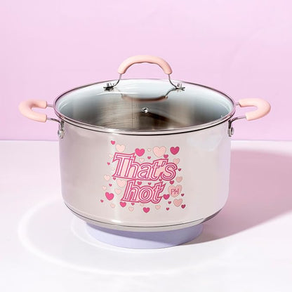 Paris Hilton Stainless Steel Stock Pot with Iconic Color Changing "That's Hot" Heat Indicator Decal, Features Soft Grip Handles and Measure Marks, 8-Quart, Pink