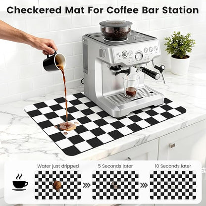 16" x 24" Checkered Dish Drying Mat for Kitchen Counter, Absorbent Coffee Bar Mat for Espresso Machine Coffee Countertops Accessories, Black - Image 3