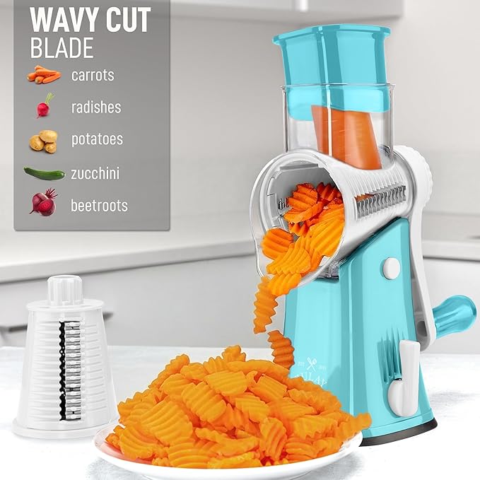 Zulay Kitchen Rotary Cheese Grater 5 Blade Cheese Shredder - Manual Hand Crank Cheese Grater With Reinforced Suction & 5 Interchangeable Drums - Easy to Use, Vegetable Chopper Round Mandoline Slicer - Image 4